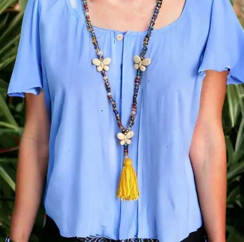 1Pc Boho Sweater Necklace Colorful Beaded Yellow Tassel Cross Feather Charm Fash