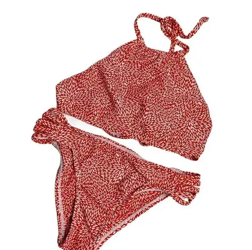 Jack's Red and White Geometric Floral Print High Neck Cross Tie Back Bikini Top Size L