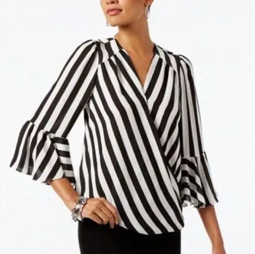 Premise  Studio Black White Striped Bell Sleeve Faux Wrap Blouse