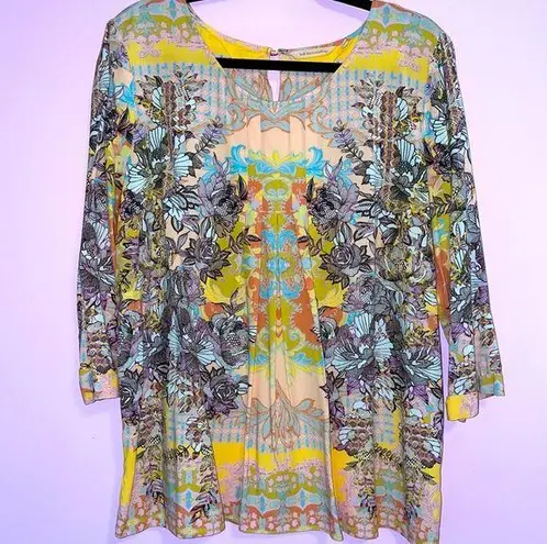Soft Surroundings Boho Blouse Jersey Knit Top 3/4 Sleeve Yellow Psychedelic XL