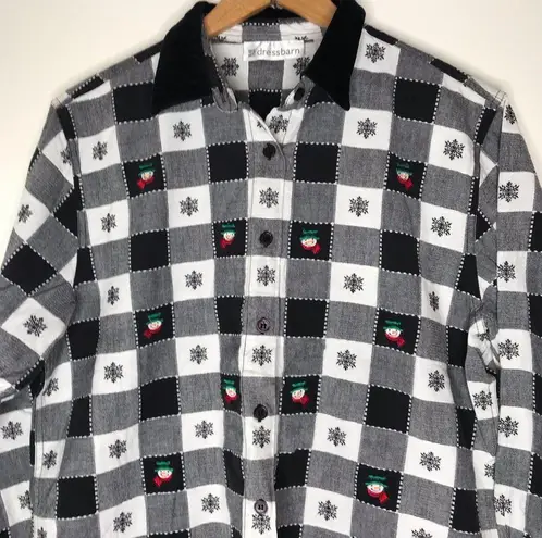 Dress Barn  winter snowman plaid checkered button down long sleeve top size Large