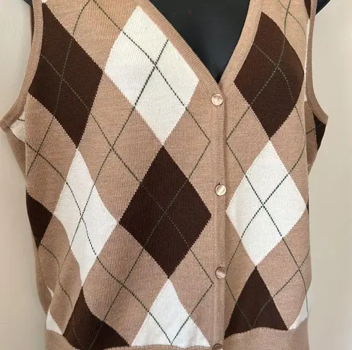 Talbots  gingham sweater vest large button down merino wool tan brown