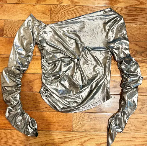 VERTE NWT SEXY Y2K Asymmetrical neck Metallic Ruched sleeves draped crop top M Silver Size M
