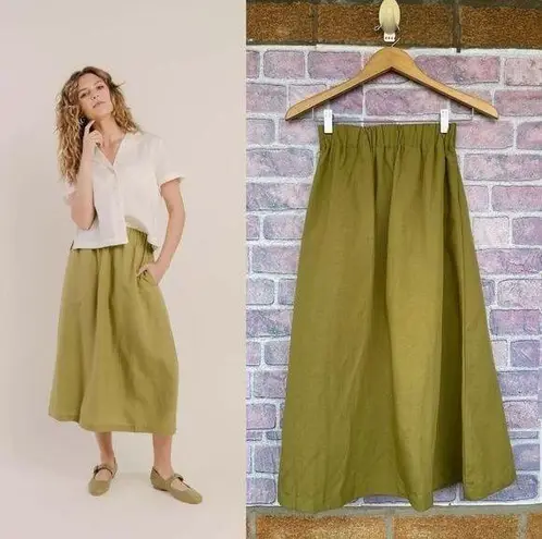 Tradlands Meadow Linen Midi Skirt in Olive XXS Green