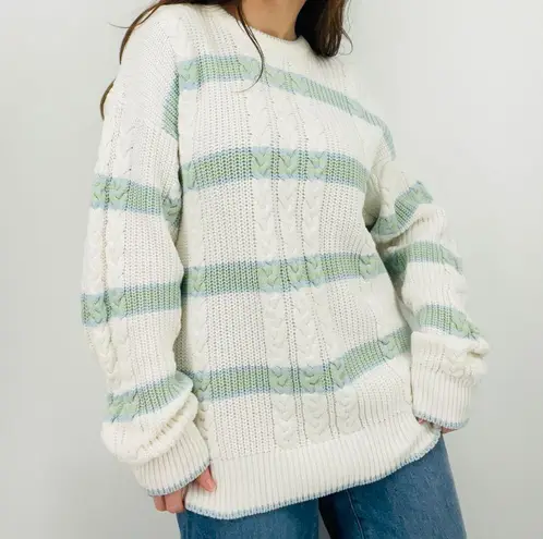 vtg coastal sage green carolina blue slouchy striped cable knit crewneck sweater Size L
