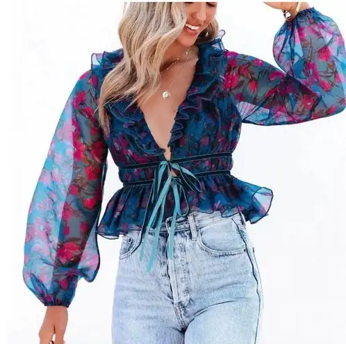 Dee Elly Vici Blue Purple Floral Tie Front Peplum Top