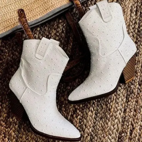 Forever Link Ivory Beaded Ankle Cowboy Boot