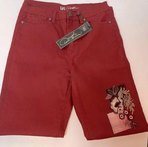 Diane Gilman DG2 Stretch Embroidered Patched Skinny Jeans, Wine Size 6 TALL New!
