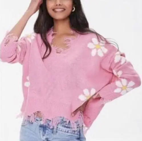 Just Polly Pink Daisy Flower Cropped Raw Hem Distressed Sweater Size Medium