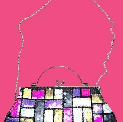 Gorgeous evening clutch bag! Color block sequin and silver chain! New