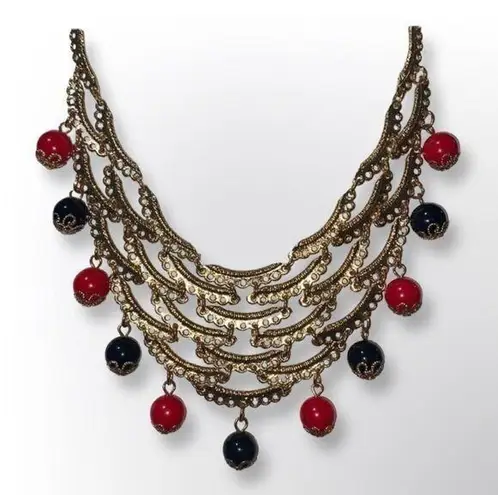NWT Golden Layered Bib Necklace with Red & Black Beaded Accents Red
