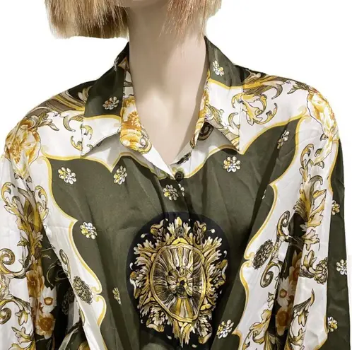 Soho NYC Green/Gold Scarf Print Front Tie Blouse S