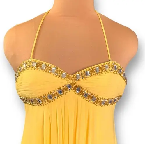 Cache Vintage  Dress Yellow Convertible Strap Jewel Open Bow Detail Back Maxi