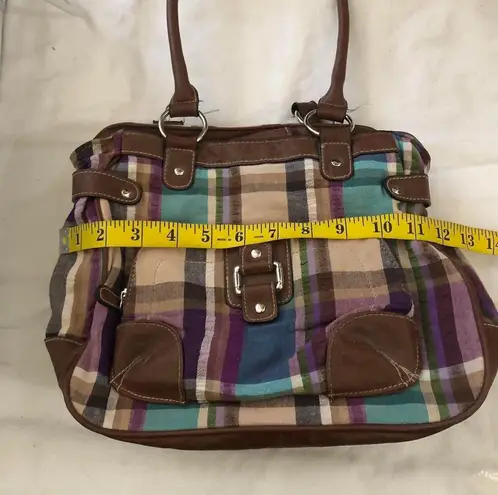 2000s Y2K quirky retro Multicolored colorful plaid shoulder hand bag purse brown leather trim silver hardware