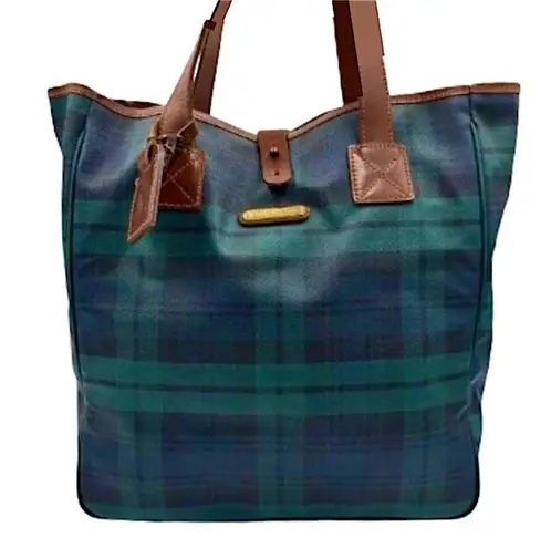 Ralph Lauren Navy Blue & Green Black Watch Plaid Oversized Carry All Tote Bag