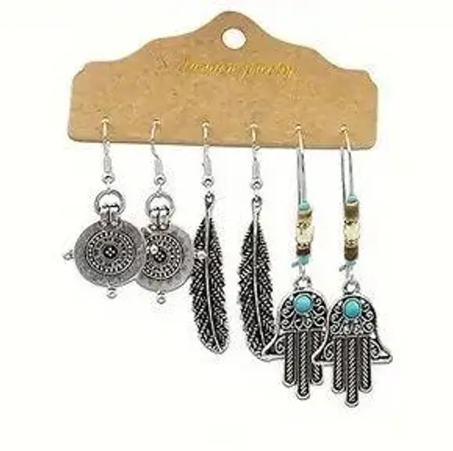 NEW Set of 3 Boho Western Silver Dangle Earrings – Rustic & Vintage Style