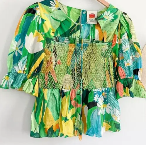 Farm Rio Vintage Toucans Smocked Peplum Top Medium