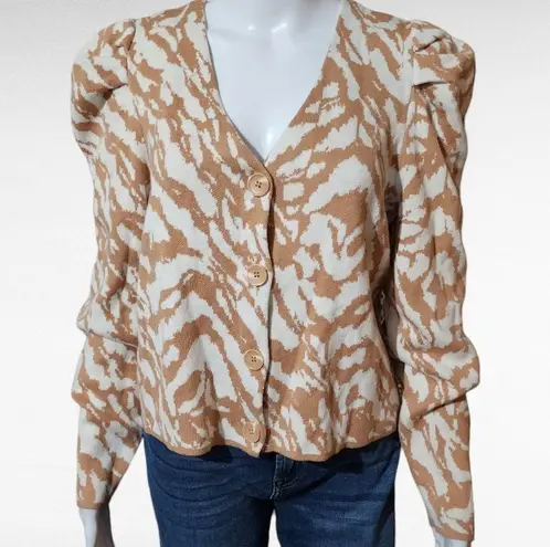 Nine West  Tan White Zebra Stipe Puff Sleeve Cardigan Size Large