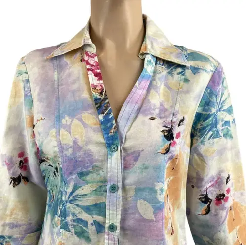 Harvé Benard Harve Bernard Linen Blend Floral Short SLeeve Button Down Shirt Top Size Large