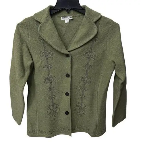 Pendleton Sz S Embroidered 100% Merino Wool Sweater Cardigan Jacket Blazer Green