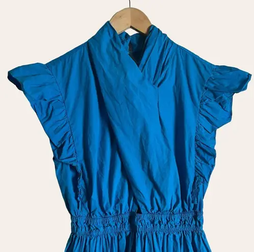 Line and Dot Ocean Blue Ruffled Flounce Poplin Mini Dress Size M