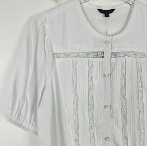 NWT Violets & Roses Puff Sleeve Lace Detail Button Front Shirt Size Medium M NEW White