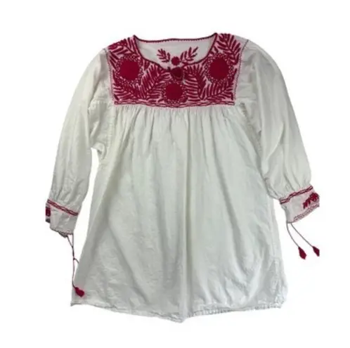 Vintage White & Red Embroidered Peasant Blouse
