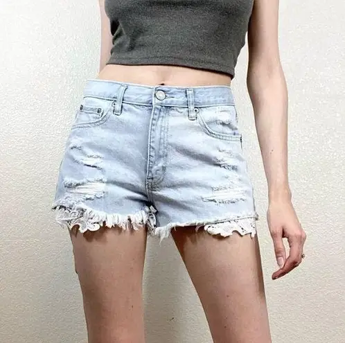 Aeropostale  Light Wash Distressed Denim Lace Hem Cheeky Shorts