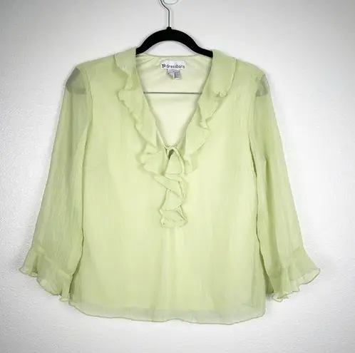 Dress Barn  V Neck Ruffle Crinkle Blouse Green Sz