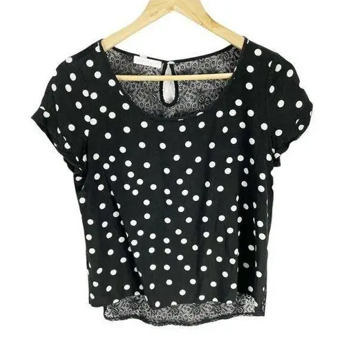 Promod Black Polka Dot Short Sleeved Shirt Sz S Lace Open Back Cropped French