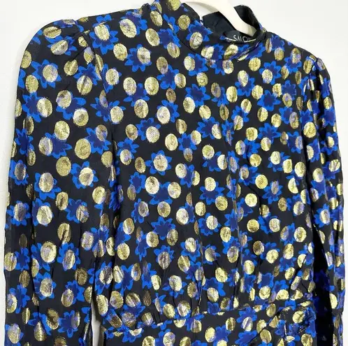 Saloni Womens Isa Ruffle Dress Knee Length Silk Velvet Polka Dots Black Size 0