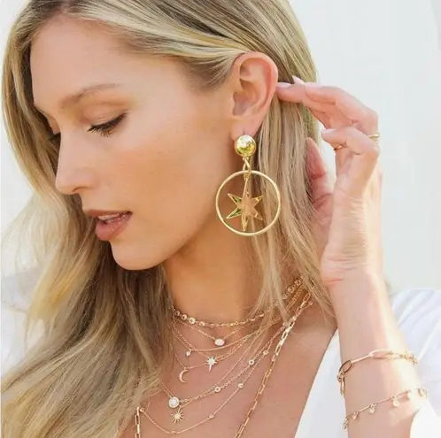 Ettika NWT Star Dangle Hoop Earrings Gold Plated $44