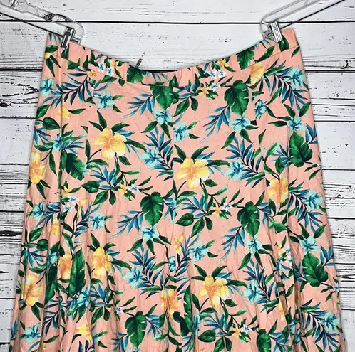 Woman Within 34/36 4X Tropical Floral Linen Blend Pull-On Midi Skirt w/ Pockets