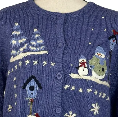 Croft & Barrow  X-Large Cardigan Sweater Snowmen Winter Snowflakes Crew Neck Blue