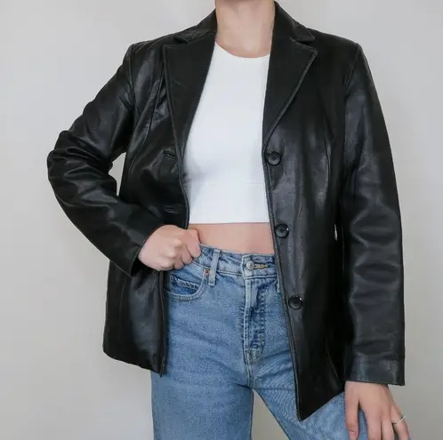 Vintage 90s Siena Black Leather Blazer Trench Coat Size M