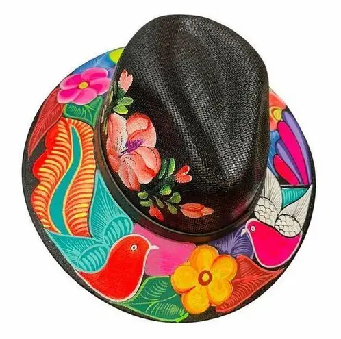HAT MEXICAN Artisanal Hand Painted Fedora Floral Sombrero Panama Bohemian Black