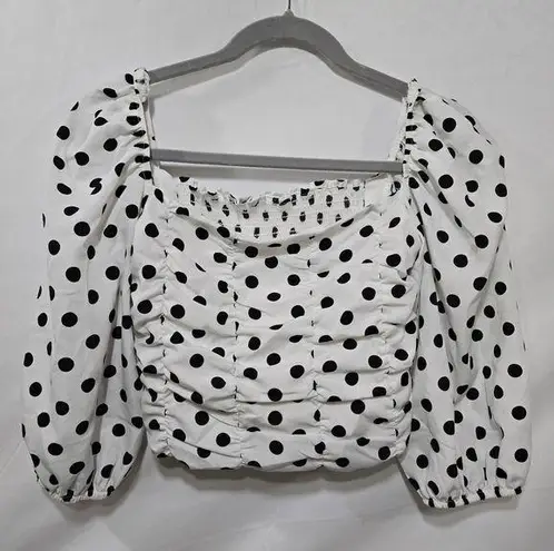 White and Black Polka Dot Puff Sleeve Cropped Smocked Corset Like Women's Blouse Size XS