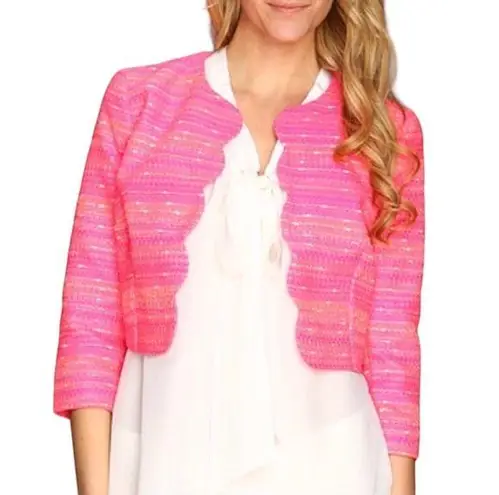 Lilly Pulitzer Wonda Pink Metallic Boucle Cropped Scalloped Open Front Jacket