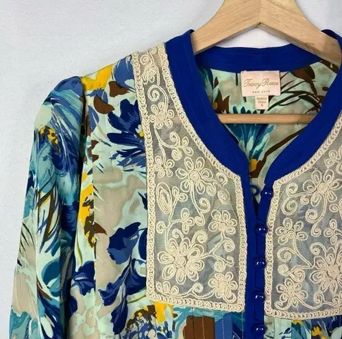 Tracy Reese Tan & Blue Floral Button Down Silk Long Sleeve Top S