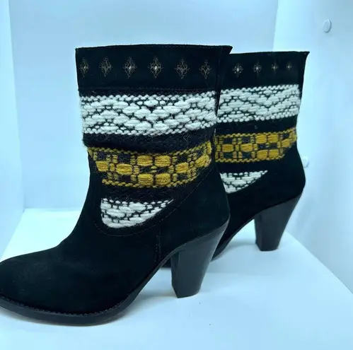COBRA SOCIETY Canon Black Embroidered White Yellow Wool Shaft Ankle Boots sz 37