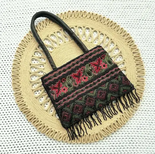 Vintage Black Satin Red Floral Top Handle Evening Bag Beaded Fringe Small Boho