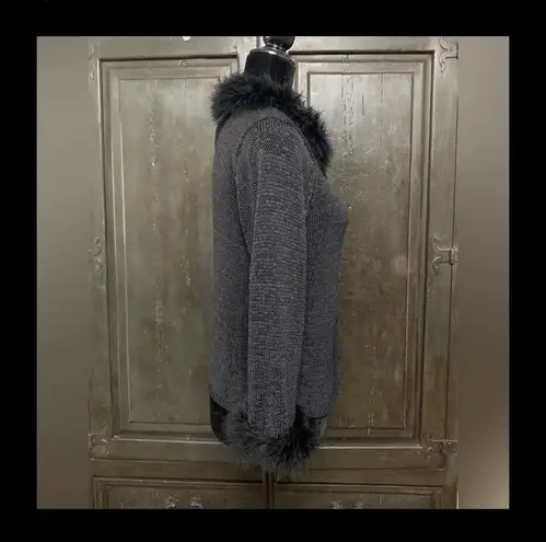iMY Vintage Black cardigan sweater w/fur on collar & cuffs - size small