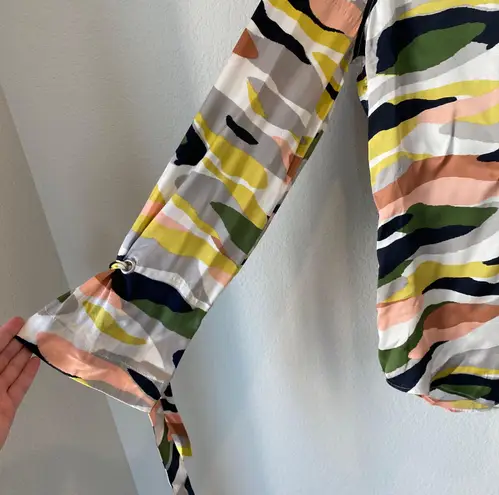 Equipment Camo Print Tie Sleeve 100% Silk Blouse Size L