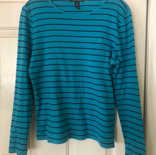 LRL Long Sleeve Crewneck pullover Striped Cotton Tee Teal L Blue Size L
