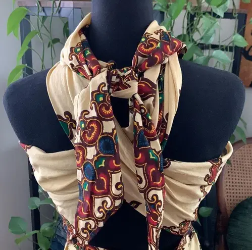 Vintage 70s Handmade Boho Mandala Batik Strapless Convertible Tie Back Dress Size XS