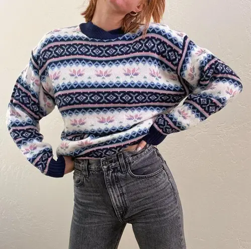 Vintage 1980s/90s Blue Fair Isle Grandmacore Chunky Pullover Sweater Size M