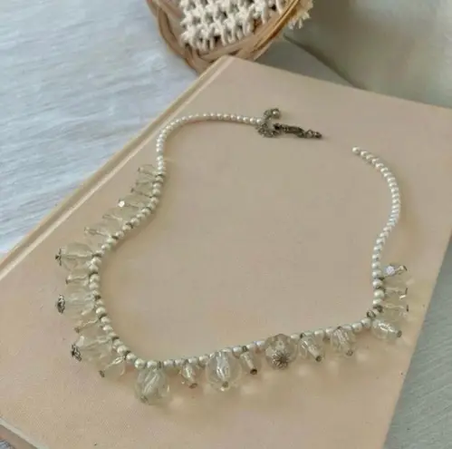 Pearl & Crystal Drop Necklace Vintage “Hedy” Simple Classic Elegant Feminine White