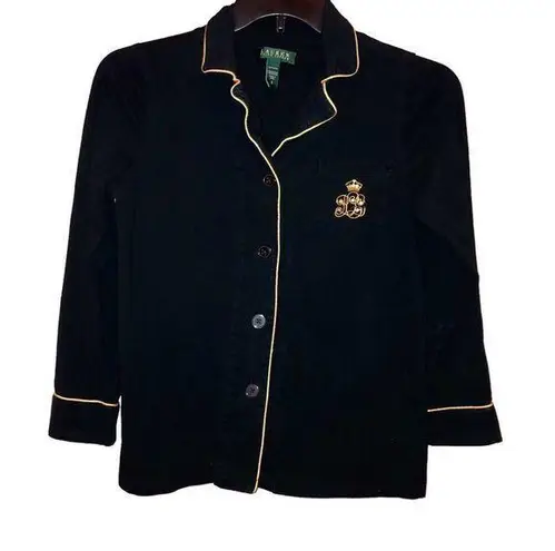 Ralph Lauren Lauren  Logo Pocket Button Up Pajama Top Black Gold Small