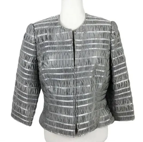 Carmen Marc Valvo Silver Zip Front Shirred Party Cocktail Wedding Jacket Sz 12