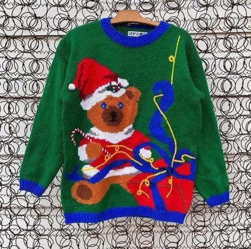 Vintage 90s Bravo teddy bear ugly Christmas knit sweater